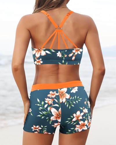 Image of 3 Piece Swimsuits Open Tie Back Tankini Top And Athletic Swim Shorts | Supportive Strappy Swim Bra, Adjustable Straps, Removable Pads, Tummy Control Boyshorts, Quick Dry Fabric, XXS-20 Plus