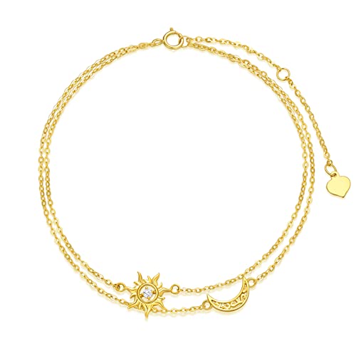 14K Gold Sun And Moon Bracelets For Women Real Yellow Gold Crescent Moon Layered Link Bracelets Christmas/Birthday Gift For Wife Girlfriend Girls Her 7''+1''+1'' Inch (Sun Moon) #TOP16