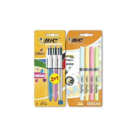 BIC Shine Pack - 4 Marcadores Highlighter Grip Pastel y 3 bolígrafos Retráctiles BIC 4 Colores Shine Cover