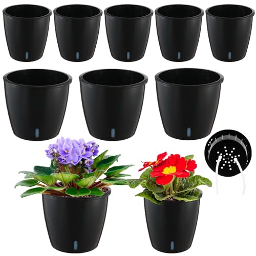 Planterhoma 5/6.7 Inch Self Watering Pots for Indoor Plants, 8 Packs Self Watering Planters for Orchid, Spider Plant, Devil's Ivy & African Violet, Water Indicator & Black Wick Pots, Black