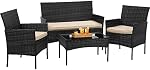 BestOffice Patio Furniture 4 Pieces Outdoor Indoor Use Rattan Chairs Wicker Patio Loveseats Conversation Sets with Table and Beige Cushions for Backyard Lawn Porch Garden Balcony,Black