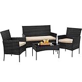 BestOffice Patio Furniture 4 Pieces Outdoor Indoor Use Rattan Chairs Wicker Patio Loveseats Conversation Sets with Table and Beige Cushions for Backyard Lawn Porch Garden Balcony,Black