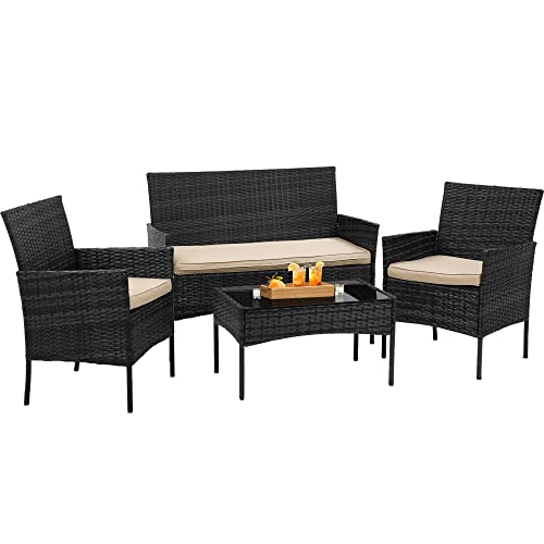 BestOffice - BestOffice Patio Furniture 4 Pieces Outdoor Indoor Use Rattan Chairs Wicker Patio Loveseats Conversation Sets with Table and Beige Cushions for Backyard Lawn Porch Garden Balcony,Black