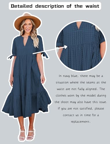 Theenkoln Womens Casual Midi Dress: Short Sleeve V-Neck Empire Waist Gingham Spring Fashion Long Trendy Tiered Formal Dresses4