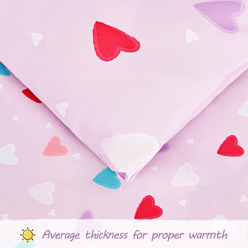 Image of Viviland Toddler Comforter Sets, 4 Pieces Bedding Sets, Heart Love | Microfiber Purple Bed Set, Girls, Breathable & Soft, Comforter, Bed Sheet, Fitted Sheet and Pillowcase, Machine Washable