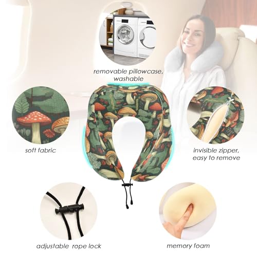 Image of ALAZA Mushrooms Green Leaves Travel Neck Pillow Memory Foam Neck Pillow with Storage Bag,Soft Travel Pillow for Sleeping Travel Airplane Car Office Home