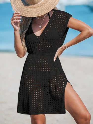 CUPSHE Womens Crochet Swimsuit Coverup Short Sleeve V Neck Mesh Mini Dress Split Casual Knit Beach Cover Ups4
