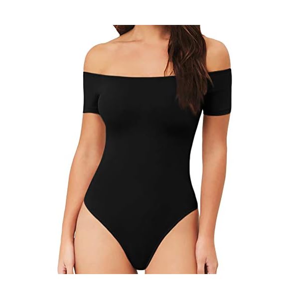 MANGOPOP-Womens-Off-Shoulder-Short-Sleeve-Long-Sleeve-Tops-T-Shirt-Bodysuit-Jumpsuit MANGOPOP Off The Shoulder Short Sleeve Bodysuit for Women