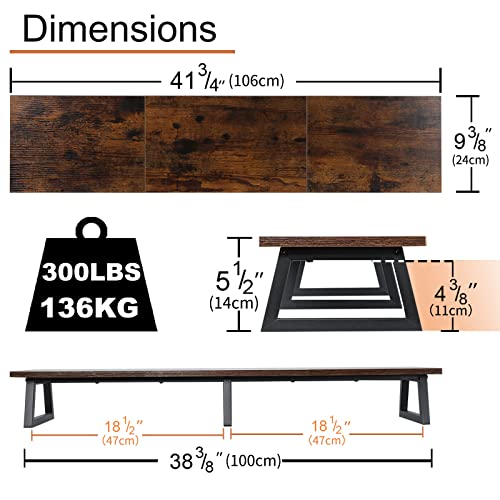 Teamix 42 Inch Large Dual Monitor Riser,Rustic Brown Extra Long Tv Stand Riser Monitor Stand For 2 Monitors Wood & Steel Desktop Riser With Storage For Dual Screen Office Desk Organization #TOP3
