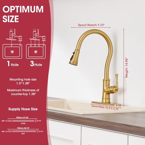 Kitchen Faucets with Pull Down Sprayer, Gold Kitchen Sink Faucet Brass High Arc Single Handle with Deck Plate 1 or 3 Hole Vintage Sink Faucet 3 Sprayer Modes for Farmhouse Camper Laundry