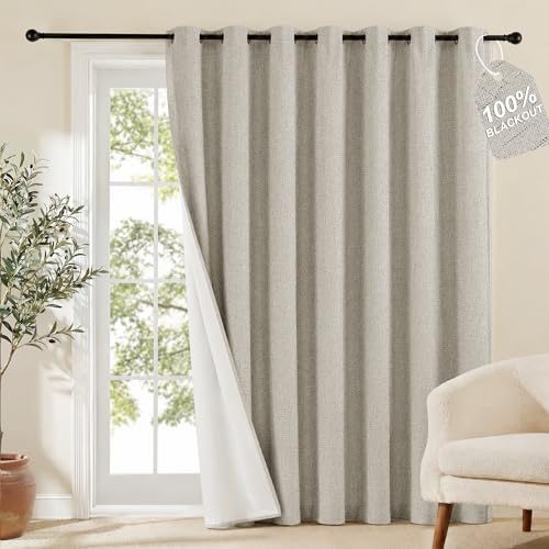 NICETOWN 100% Blackout Linen Sliding Door Curtains with White Liner Composite Grommet Extra Wide Window Treatments Room Divider Drapes for Bedroom/Living Room Beige W100 x L84 1 Panel