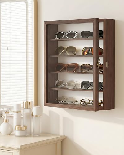Image of TJ.MOREE 5-Tier Sunglasses Organizer Storage Wall Mounted: 13 x 15 inches Eyewear Display Case Rustic Wood Eyeglasses Holder Large Glasses Storage Box, Brown