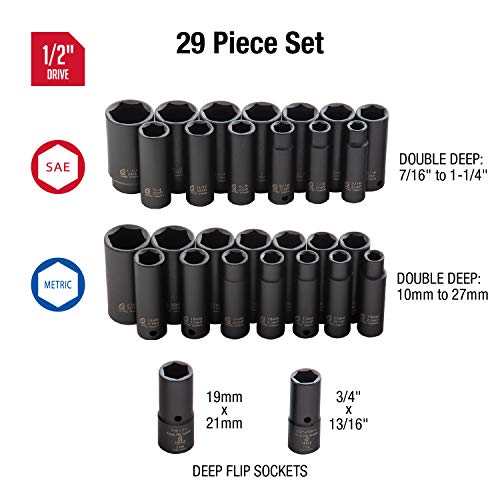 Sunex 5153Dd, 1/2 Inch Drive Master Impact Socket Set, Double Deep, 29-Piece, Sae/Metric, 7/16" - 1-1/4", 10Mm-27Mm, Cr-Mo Steel, Radius Corner Design, Dual Size Markings, Heavy Duty Storage Case #TOP1