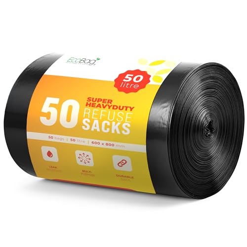 EcoBag - 50 Pack Super Strong Heavy Duty Refuse Sacks - Recyclable Bags, Leak Resistant, Durable Waste Disposal Bags For Wheelie Bins, Large Household Bins, Garden&Bulky Waste, 35 Micron (Μm)/50l