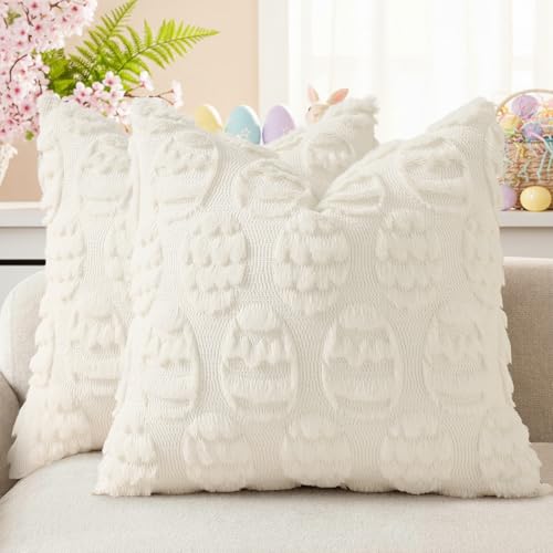 Image of decorUhome Easter Cream White Egg Pillow Covers 18x18 Inch Set of 2, Soft Plush Faux Wool Jacquard Cushion Covers, Farmhouse Neutral Fuzzy Spring Easter Holiday Decor for Couch Sofa Bed
