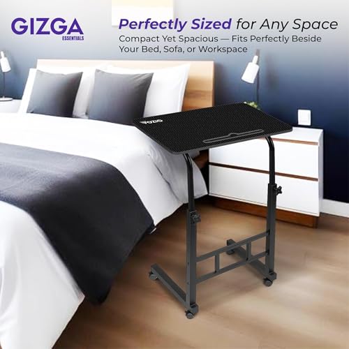 Image of Gizga Premium Height Adjustable Laptop Table for WFH, Bed, Sofa, Office| Foldable & Portable MDF Wooden Desk| Ergonomic Trolley Table with Wheels Lock, Heavy Duty Rust Proof Metal (Black)