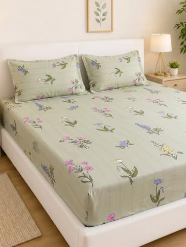 Image of Mafatlal King Size Bedsheet with 2 Pillow Covers (274 x 274 cm) | 140 GSM Microfiber | Soft, Breathable & Fade Resistant| Easy Care | Soft Pista Green