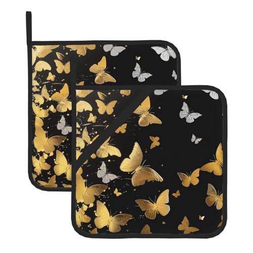 Gold White Butterflies Black Printed Pot Holders Sets Of 2 Pcs - Heat Resistant Waterproof Bbq Oven Potholders for Cooking Baking Grilling