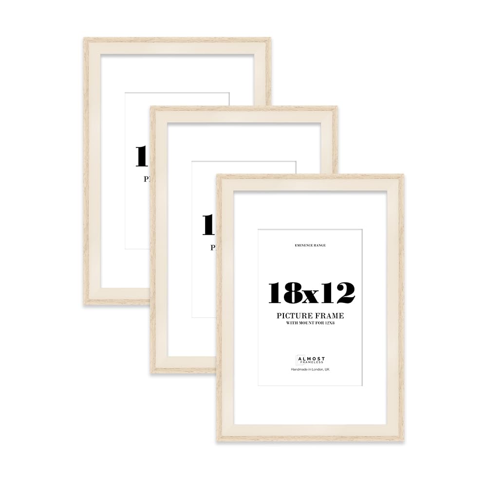 18x12" Oak Picture Frame with 12x8" Mount - Shabby Chic Photo Frame with Distressed Finish, Wall Hooks, 32mm Edge - 3 Pack