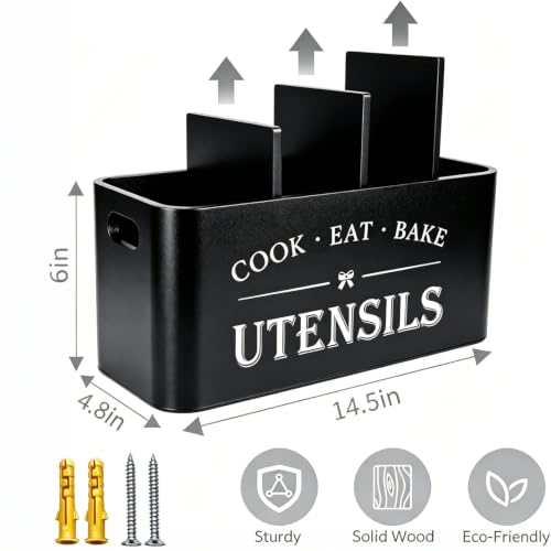 Image of Wooden Kitchen Utensil Holder Organizer for Counter or Countertop, Large Wooden Utensil Holder for Storage Cooking and Silverware with 4 Compartment,Rustic Wood Container Extra Large