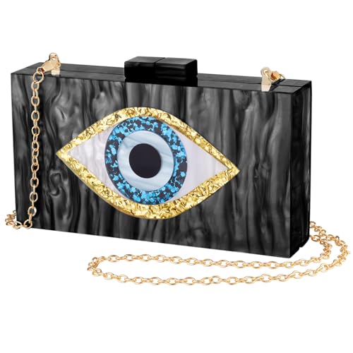 QTKJ Clutch Purses for Women, Acrylic Blue Evil Eye Evening Bag, Crossbody Bag for Wedding Party(Black)