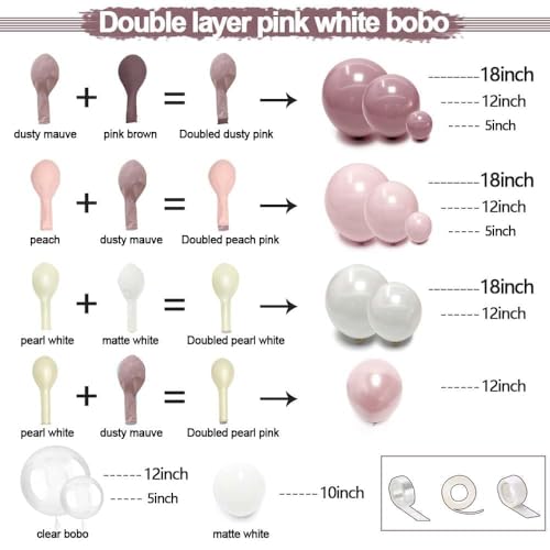 Image of Pink White Balloon Arch Double Stuffed Pearl Pink Bobo Balloons Garland for Birthday Baby Shower Bridal Shower Wedding Fairy Baptism Party Decorations
