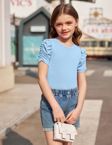Image of Arshiner Girls Puff Short Sleeve Shirts Summer Ribbed Knit Crewneck T Shirt Tops Tee Blouse