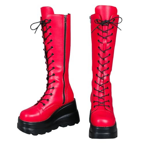 Parisuit Womens Platform Wedge Knee High Boots Goth Motorcycle Boots Lace Up Heeled Punk Combat Boots