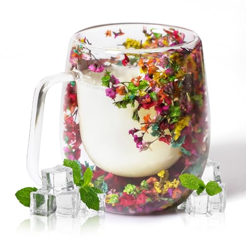 RUIOMII 370ml Getrocknete Fleur Tasse a Cafe Double Paroi, Tasse Thé mit Henkel, Isolierte Kaffeetasse Geburtstagsgeschenke für Mama Freundin Lehrerin