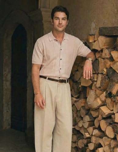 Image of JMIERR Men's Vintage Knit Button Down Shirts Fashion Casual Old Money Vacation Beach Polo Shirt Short Sleeve