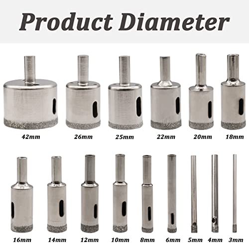 Image of 15 Pcs Diamond Hole Saw Drill Bit Set,Glass Drill Bit for Bottles, Porcelain, Marble Cutting (3 /4 /5 /6 /8 /10 /12 /14 /16 /18 /20 /22 /25 /26 /42mm) O-031