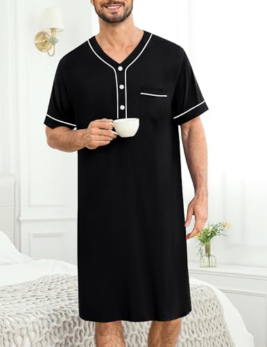SWOMOG Mens Nightgown Short Sleeve Lounge, Sleep Henley Shirt Pajama Big & Tall Nightshirt Comfy Nightwear M-3XL2