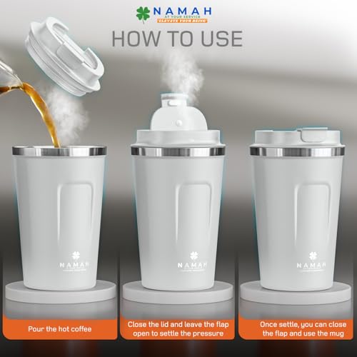 Image of Namah Insulated Coffee Mug Travel with Lid - 380ML Stainless Steel Coffee Tumbler Cup for Office & Home, Leak Resistant Matte Finish Hot & Cold Travel Coffee Mug for Men & Women Girls Gift- White