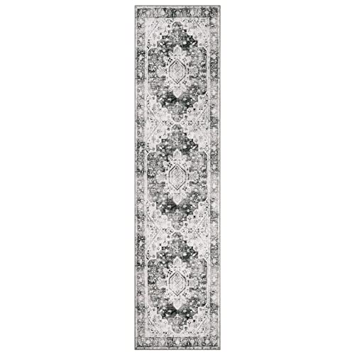 Moynesa Ultra-Thin Washable Runner Rug - 2'6" x 10' Grey Long Hallway Rug Runner Kitchen Carpet Runner 10ft, Vintage Non Slip Low Pile Stair Floor Mat for Bathroom Bedroom Living Room Entryway