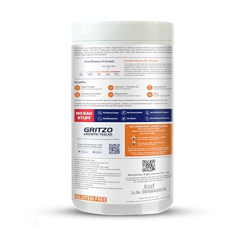 Image of Gritzo SuperMilk Growth+ (10-12y Girl), 400g + Gummies | Double Chocolate | 12g Protein | Includes 30 Iron Gummies | Zero Refined Sugar