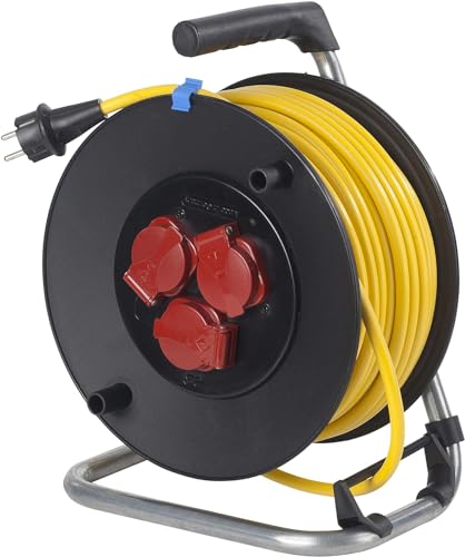 as - Schwabe Profi-Kabeltrommel – 25 m Panzerkabel-Leitung 230 V / 16 A –Trommel mit 3 Schutzkontakt-Steckdosen inkl. Schutzklappe & Thermoschutzschalter – IP44 – Made in Germany – Schwarz, 10136