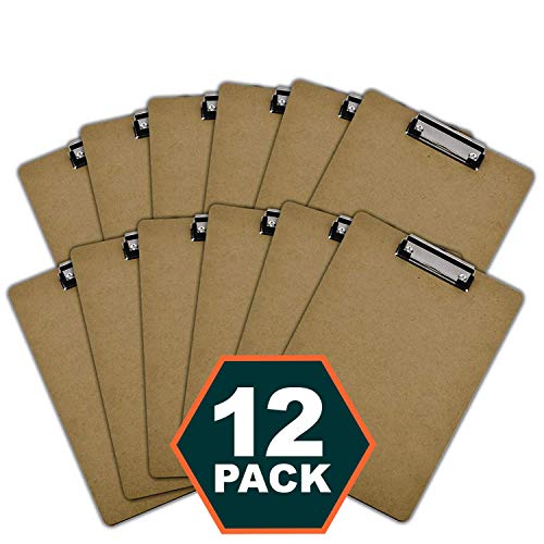 12 Letter Size Clipboard Low Profile Clip Hardboard (Pack of 12), Great for Office and Classroom Supplies