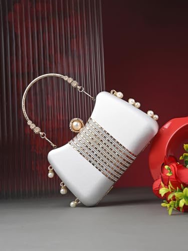 Image of TOOBA Handicraft Women's Beautiful Bling Box Clutch Bag | Evening Bag, Bridal Purse & Party Handbag | Wedding & Special Occasion Clutch (Chatai Side Pearl)