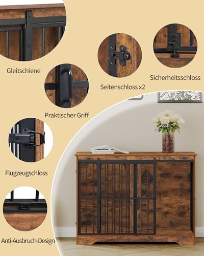 Hzuaneri Hundekäfig Möbel, 110cm Hundebox, 2 Türen, Moderne Hundekäfig Indoor für kleine/mittlere/große Hunde bis 100 kg, Beistelltisch, Verstärkte Schiebetür, 65 × 110 × 81 cm, Vintagebraun DFC84401B
