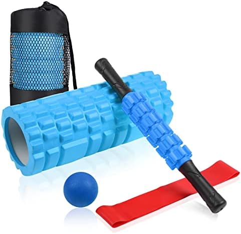 5 in1 Foam Roller Set, Trigger Point, Yoga Stick, Massage Ball, Stretching Strap, Carrying Bag, Towel, for Deep Muscle Pilates (Blue), Aucuu, 1.0 Count