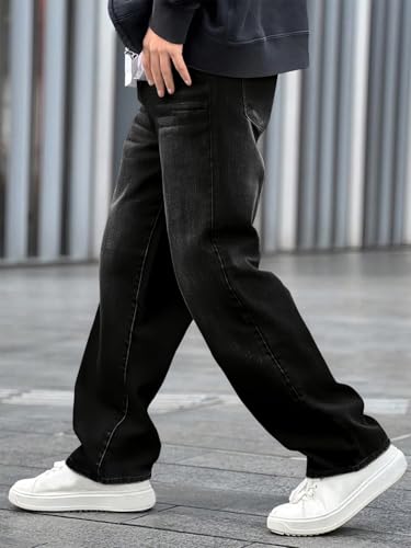 Men's Loose Straight Leg Baggy Fit Jeans with Stretchy Back Waistband, Distressed Hem4