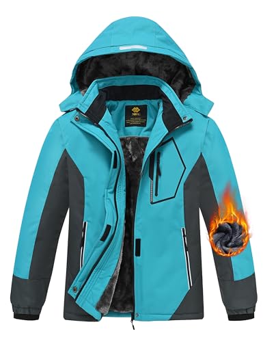 MoFiz Girls Ski Jacket Waterproof Fleece Lined Snowboard Jacket Warm Winter Jackets with Removable Hood Blue L