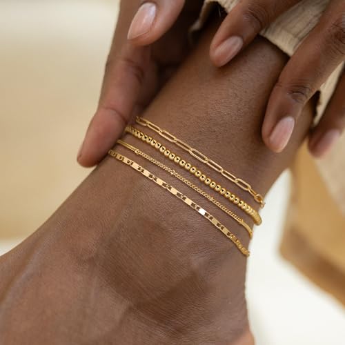 Image of Tewiky Waterproof Ankle Bracelets for Women, 14K Real Gold Plated Anklets for Women 6PCS Anklet Set Dainty Summer Beach Jewelry