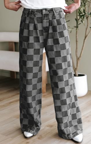 loveimgs Women Baggy Checkered Pants Patterned Denim Wide Leg Jeans Plaid Printed High Waisted Gingham Jeans4