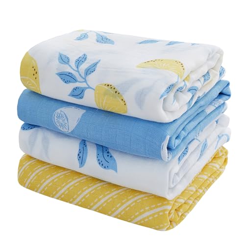 Viviland Muslin Swaddle Blankets, Swaddle Wrap for Boys and Girls, Breathable and Skin-Friendly Baby Receiving Blankets, Baby Essentials, 4-Pack Lemon & Leaves, 47 x 47 inches