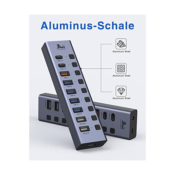 USB Hub Aktiv 3.1 mit Netzteil 60W(12V/5A), Aluminium Mehrfacher Anschluss USB Hub, 10-IN-1 USB C Hub mit 2*USB-C 3.1 10Gbps, USB-A 3.1, 4*USB-A 3.0, 3*Ladeanschluss und EIN/Aus-Schalter – Bild 5