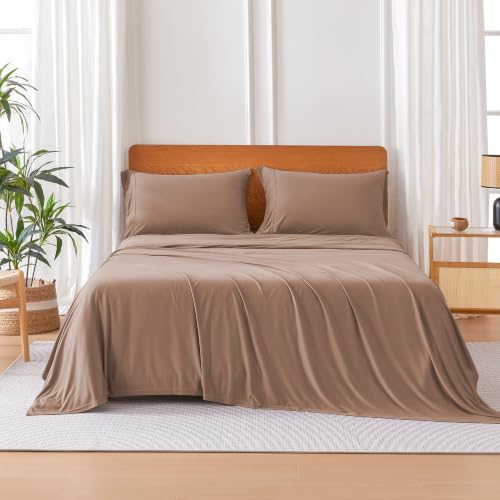 Image of Amazon Basics Jersey Knit 4-Piece Sheet Set, Wrinkle Resistant and Easy Fit, Includes 16 inch Deep Pocket Fitted Sheet, 1 Flat Sheet and 2 Pillowcases, Queen, Light Brown
