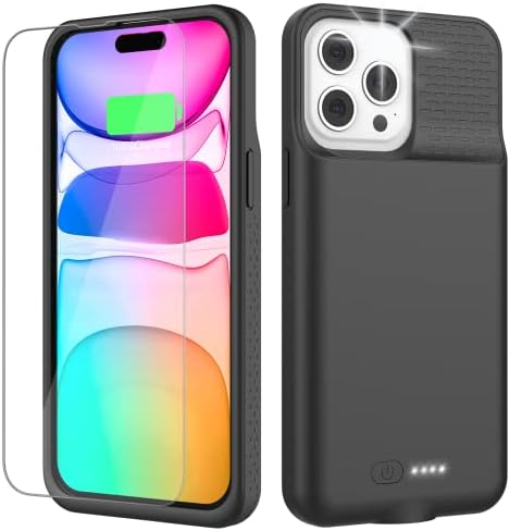 Battery Case for iPhone 14/14 Pro, Real 7000mAh Rechargeable Smart Extended Charging Case with 1x Screen Protector, Ultra-Slim Portable Protective Battery Pack (6.1 inch) Black