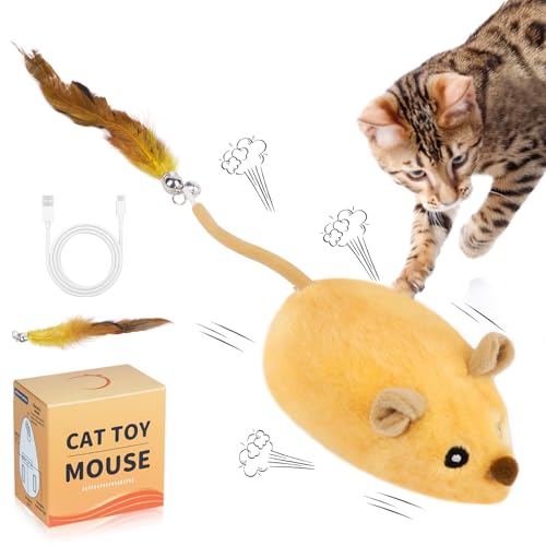 Adiwo Giochi per Gatti, Ricaricabile Topo Elettrico per Gatti, Mouse Giocattoli con Luci LED, Suoni Simulati del Mouse e 2 Code di Piume di Campana(Giallo)