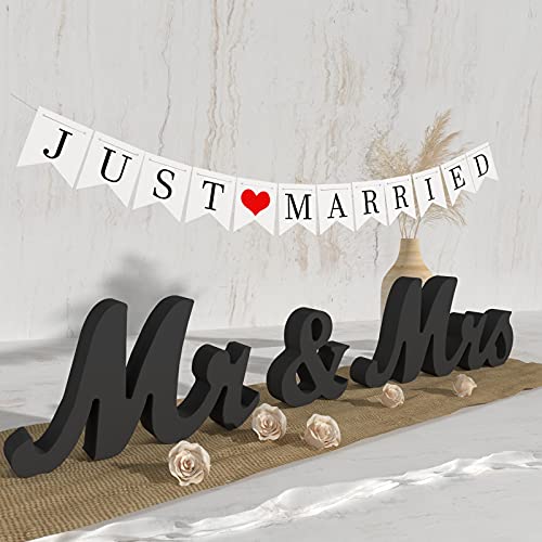 VIOPVERY Mr and Mrs Sign & Just Married Banner,Mr & Mrs Signs for Wedding Table,Large Wooden Letters for Sweetheart Table,Photo Props Wedding decorations for Anniversary,Black